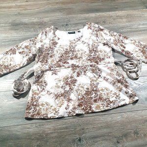 Avenue Womens 14/16 Short Sleeve Blouse Floral Tie Back Brown White A Line